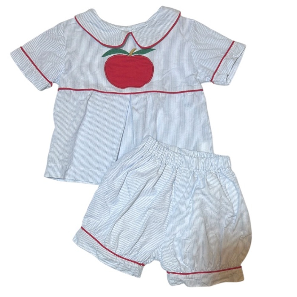 EUC The Oaks Apparel Co. blue stripe apple embroidered bloomer set 24mo